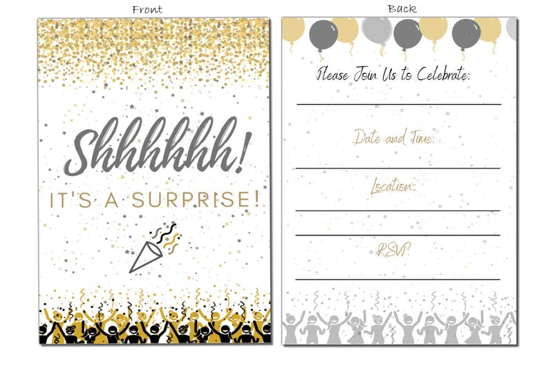Elcer Surprise Party invitations | Itâ€™s a surprise Birthday | Kids and Adults | Fill In Style | Black and Gold | Confetti Streamers Party Invitations | 20 Count With Envelopes - Image 3